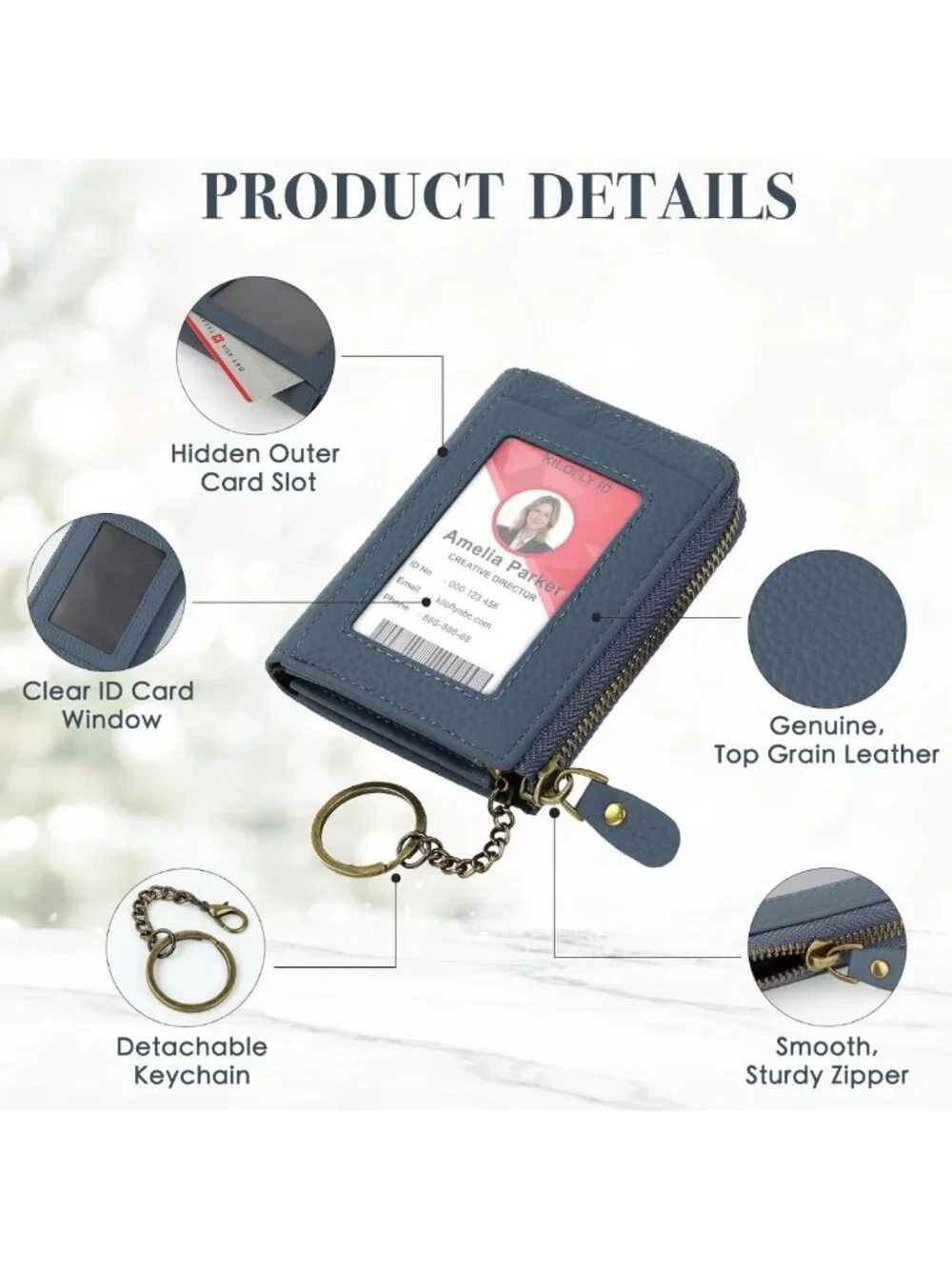 Genuine Leather Card Holder Wallet with Keychain & Cable Organizer - Stylish
